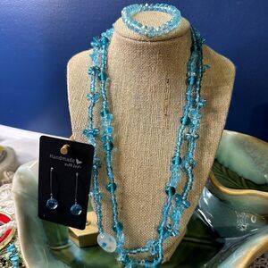 Vintage Blue Glass Necklace Multi Strand Necklace Crystal Earrings & Bracelet